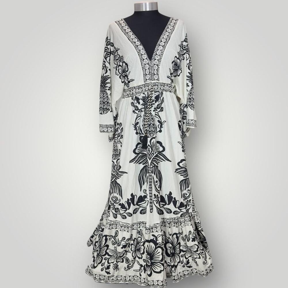 Farm Rio Black White Floral Womens Maxi Dress Size Small 100% Cotton Boho